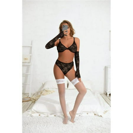 Western Mania 19094-BK-LXL Lingerie Women See Through Sexy Full Lace High Stretch Bra Panty Set with Glove  Black - Large & Extra Large