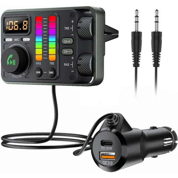 Wiher Bluetooth 5.3 Car FM Transmitter, Hi-Fi Treble & Bass Music Player, PD20W QC18W Fast Charger, Radio Bluetooth Car Adapter with Dual Mics for Hands-Free Call, Siri&Google, U Disk/3.5mm AUX