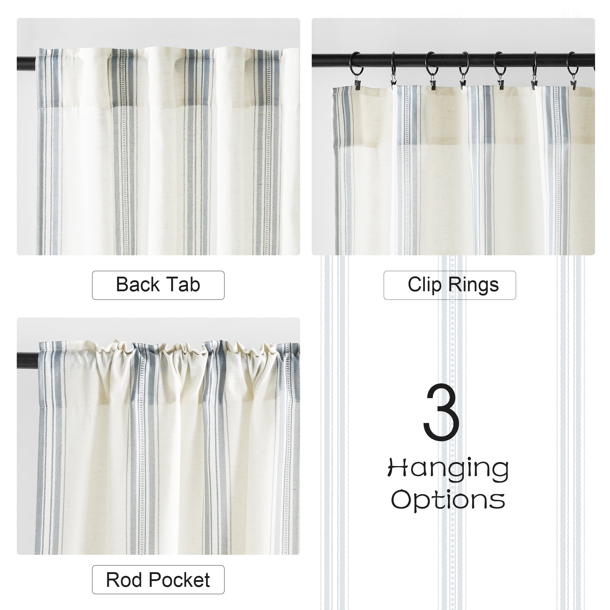 NICETOWN Blue Striped Curtains for Living Room, Linen Curtains Light Filtering Back Tab Farmhouse Rustic Drapes for Bedroom, 52"x84", 2 Panels