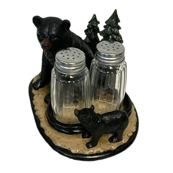 De Leon Collections 15676 Polyresin Black Bear and Cub Woodland Forest Log Cabin Rustic Salt and Pepper Shaker Holder Set