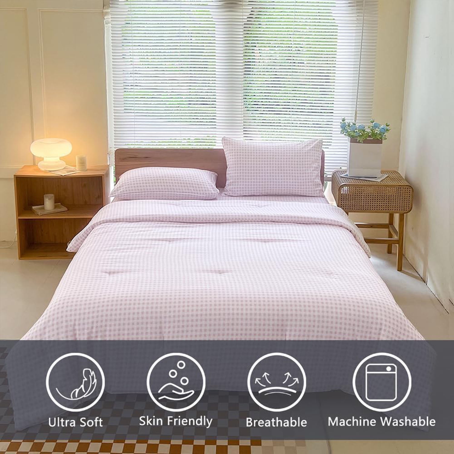 Pink Gingham King Comforter Set, Pink Plaid Bedding Set, Checked Bed Comforter 3 Pieces(Pink Gingham, King)