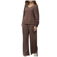 thumbnail image 3 of Jinhomg Two Piece Outfits for Women Going Out Solid Color Ribbed Knit Long Sleeve Shirts And Wide Leg Long Pants Coffee,XL, 3 of 5