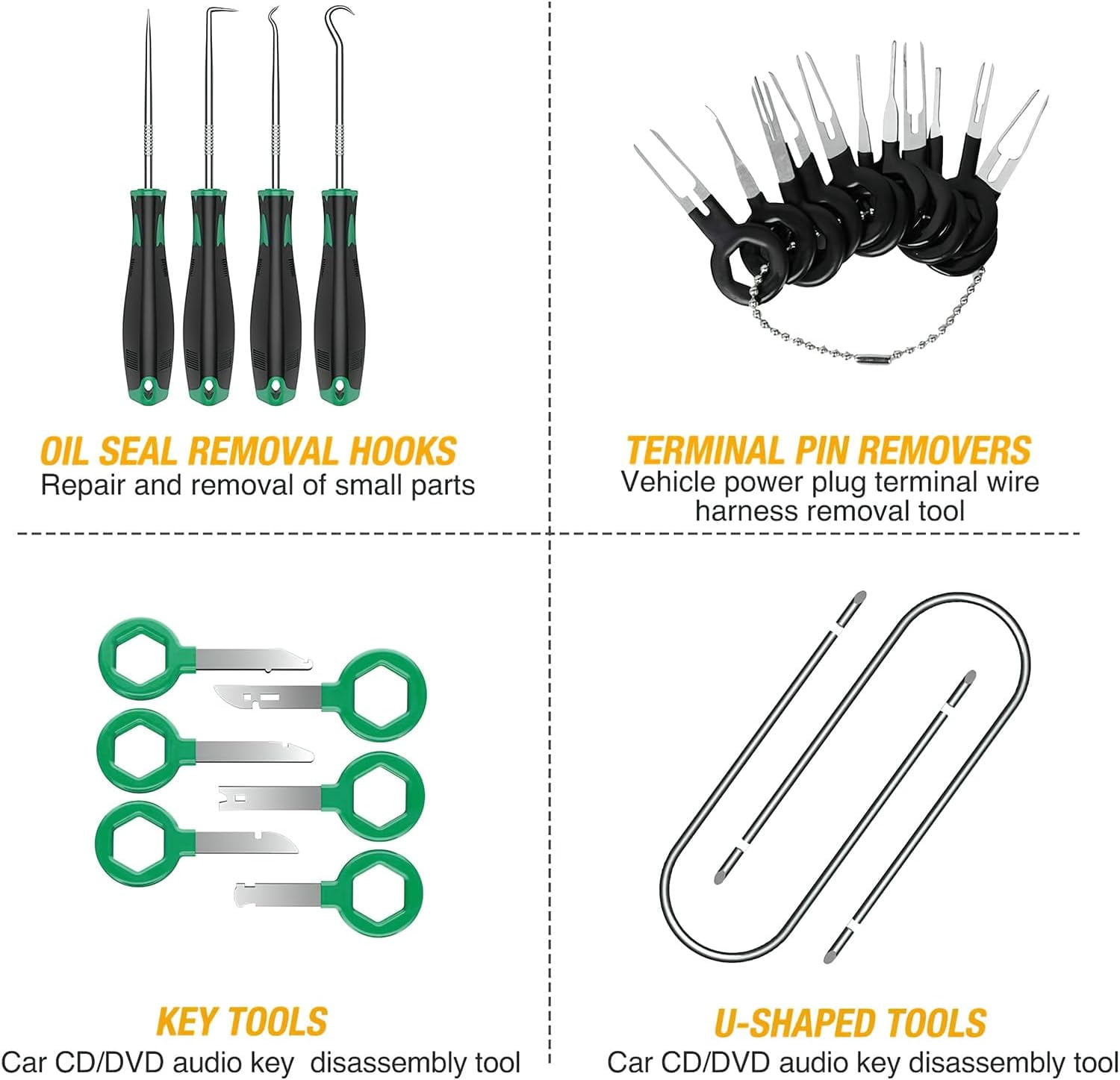 GOOACC 40Pcs Trim Removal Tool,Auto Terminal Removal Key Tool,Auto Clip Pliers Stereo Removal Tools,Car Upholstery Repair Removal Kit,Precision Hook and Pick Set,Wiring Threader,Car Film Scrape-Green