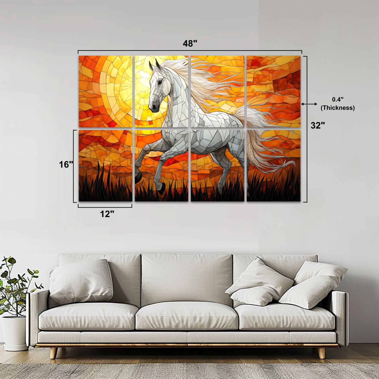 Stained Glass Style 8 Pack Art Acoustic Panels Sound Absorbing White Horse Sunset Decorative Soundproof Wall Panels Self Adhesive for Nursery Game Room Bedroom 48"x32"
