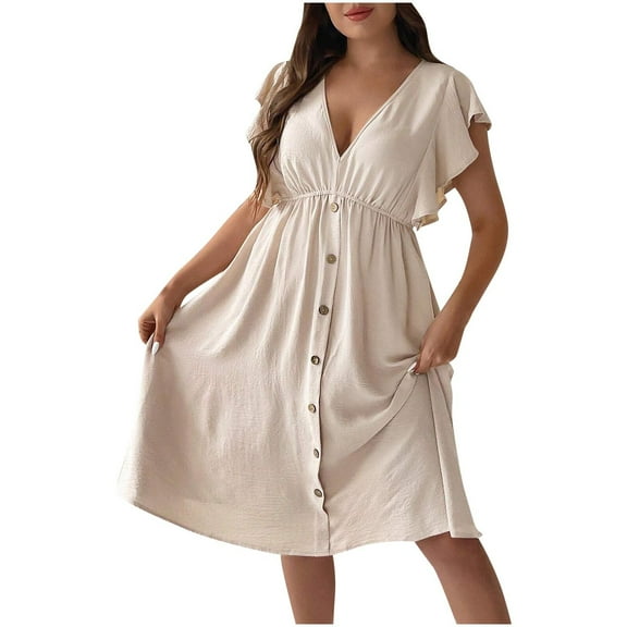 Lmnyox Plus Size Midi Dress for Women Short Sleeve V Neck Dress Summer Casual High Waist Work Dress