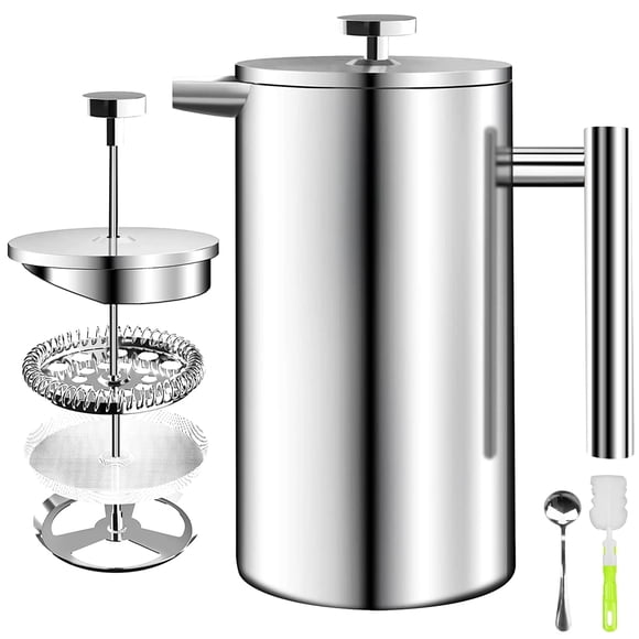 Prensa Francesa de Acero Inoxidable de 350ML,Cafetera Francesa Portatil con 2 Filtros,1 Cuchara y 1 Cepillo,French Press de Doble Pared,Cafetera y Tetera,Cafetera de Émbolo Hacer Caf&ea