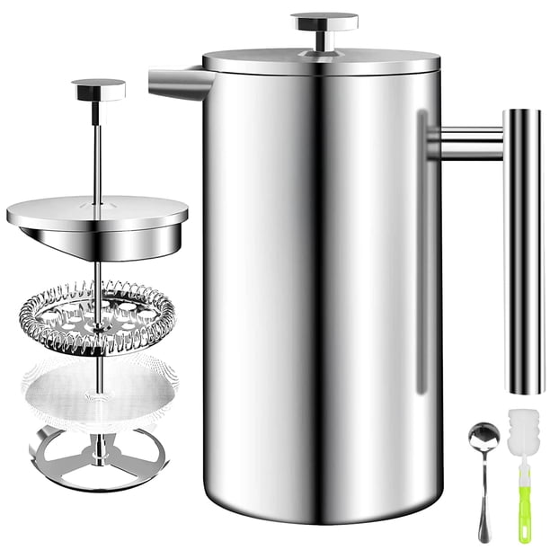 Prensa Francesa de Acero Inoxidable de 350ML,Cafetera Francesa Portatil con 2 Filtros,1 Cuchara y 1 Cepillo,French Press de Doble Pared,Cafetera y Tetera,Cafetera de Émbolo Hacer Caf&ea