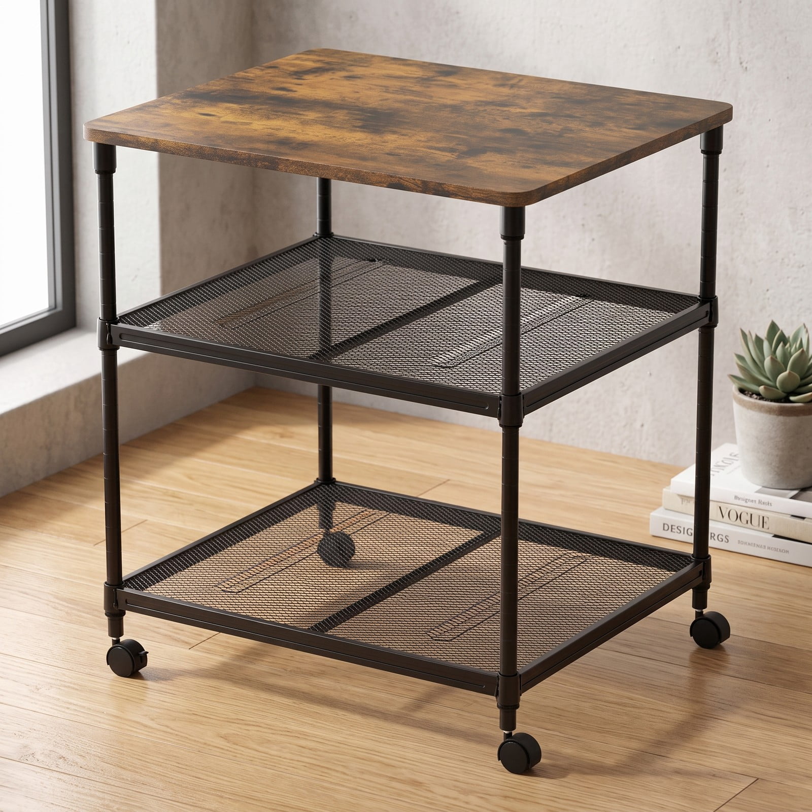 Furnibear 3 Tier Rolling Printer Stand Fax Cart with Adjustable Shelf, Swivel Locking Wheels, Wood Iron Mobile Storage Organizer for Home Office - Coffee