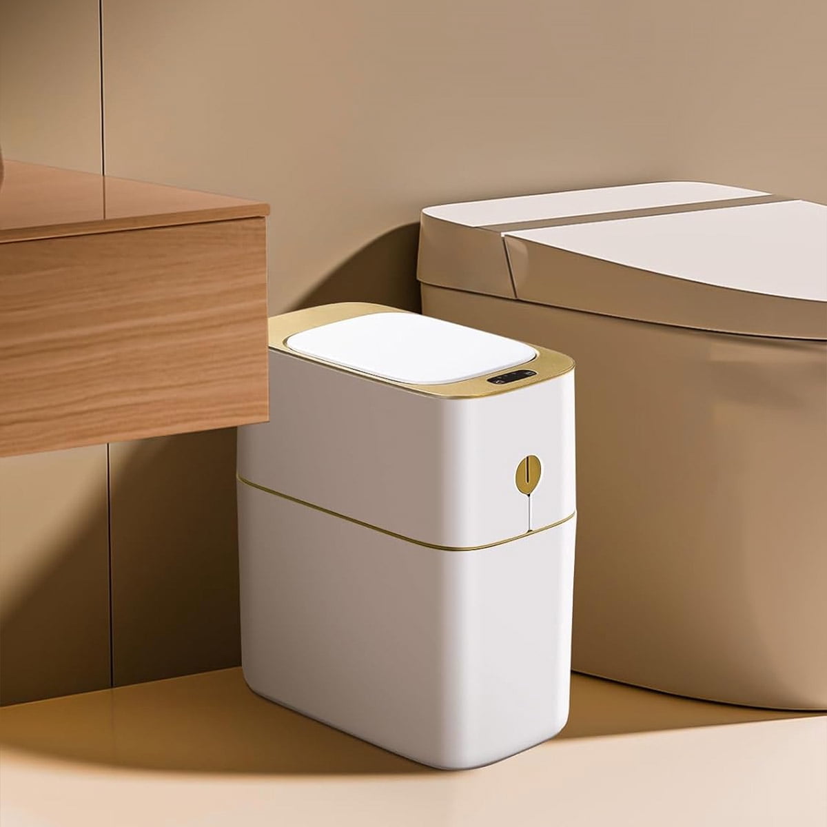 Joybos Automatic Bathroom Trash Can, 3.5 Gallon Plastic Motion Sensor Garbage Bin with Soft Close Lid, White & Gold, 1Pc
