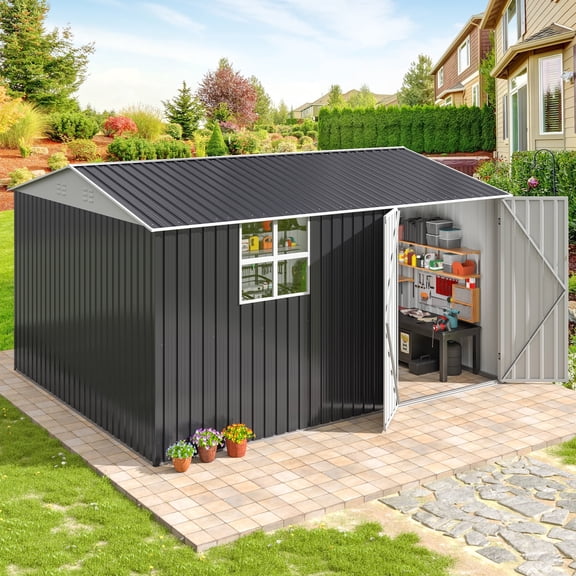 MUCHANT 10'x12' Outdoor Metal Storage Shed with Window and Lockable Doors, Steel Garden Tool Sheds for Backyard, Patio, Lawn