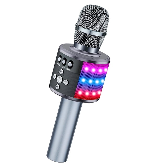 Intexca Microphone de Karaoké Bluetooth, Micro Sans Fil 4-en-1 avec Lumières DEL pour Enfants et Adultes