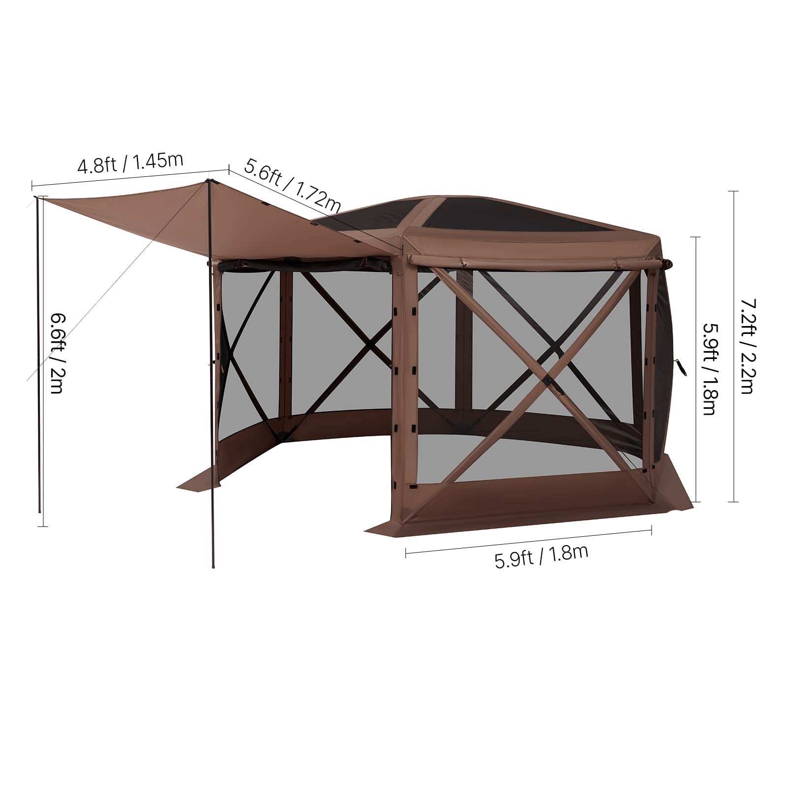 VEVOR Pop up Gazebo Screen Tent, 12 x 12 ft Large 6-Sided Camping Canopy Tent with Removable Top & Carry Bag, Quick-Set & Bite-Proof, Screen House Sun Shelter for 8-10 Persons Backyard Patio, Brown