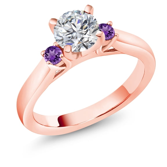 Gem Stone King 18K Rose Gold Plated Silver Lab Grown Diamond and Purple Amethyst Engagement Ring for Women | 0.86 Cttw | Round 6MM | Gemstone April Birthstone | Size 6