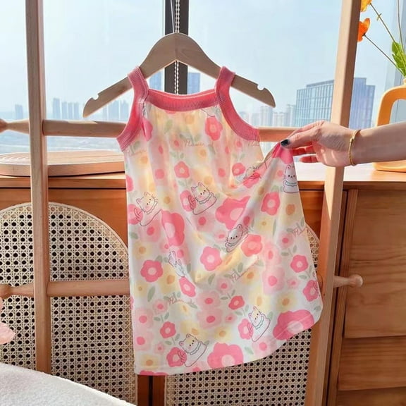 ATOGUTA Size 1T-12 Girls Nightgown Sleeveless Spaghetti Strap Dress for Kids Sleepwear Pink