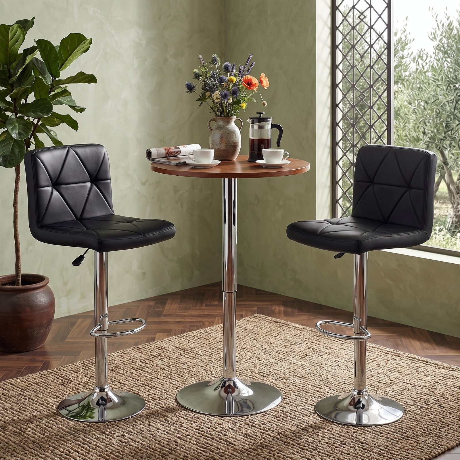 Furnibear Adjustable Swivel Bar Stools Set of 2 with Backrest and Footrest, 360 Degree Swivel Counter Height Barstools, Faux Leather Padded Seat Metal Bar, Black
