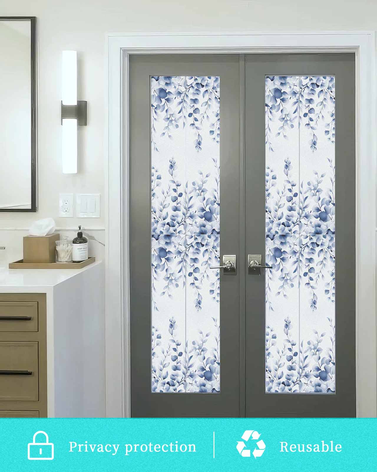Window Privacy Film Blue Eucalyptus Leaves Stained Glass Window Film Decorative Sun Block Window Cover Watercolor Spring Botanical Window Clings Static Adhesive Sticker for Bathroom 17.7"x78.7"