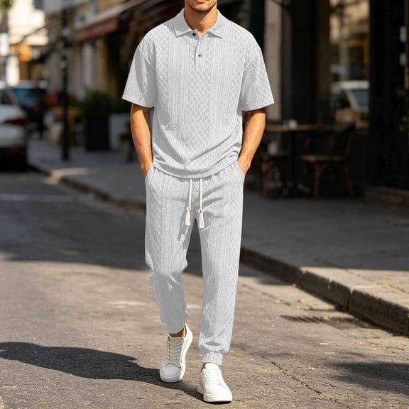 gbyLJF Men's 2 Piece Outfit Textured Collared Shirt and Jogger Pants Set Casual Short Sleeve Tracksuit with Pockets