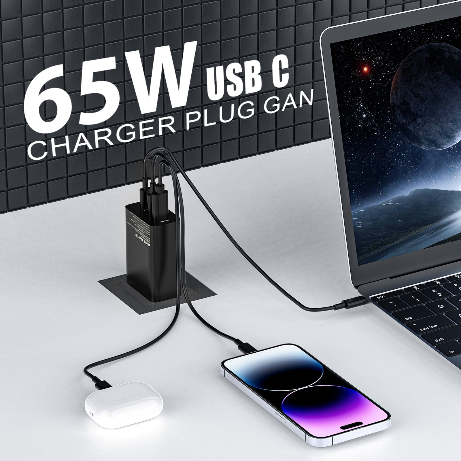 Samsung 3-Port 65W Trio Adapter, GaN PD 3.0 USB Adapter Super Fast Charging Wall Charger for Samsung Galaxy S23 Series with 5.9ft C to C Cord, Black