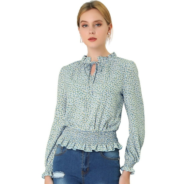 Blusa Allegra K De Mujer Con Volantes Y Peplum Con Cuello Alto Y Manga Abullonada Azul XL