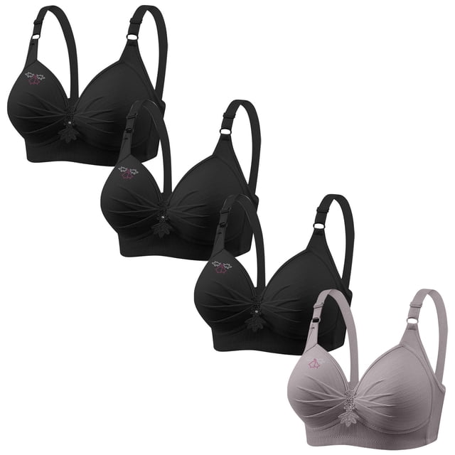 LOVZFMLL Bras for Women 4PC Woman's Printing Gathered Together Large Size Daily Bra Underwear No Rims Black XS