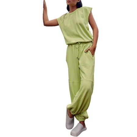 MITCOWBOY Body Suit  Throw And Go Onesie Jumpsuits for Women Summer 2024 Cutout Sleeveless Crewneck Drawstring Waist Long Pants Romper with Pockets  One Piece Jumpsuit  Shapewear Bodysuit  Yellow 2Xl