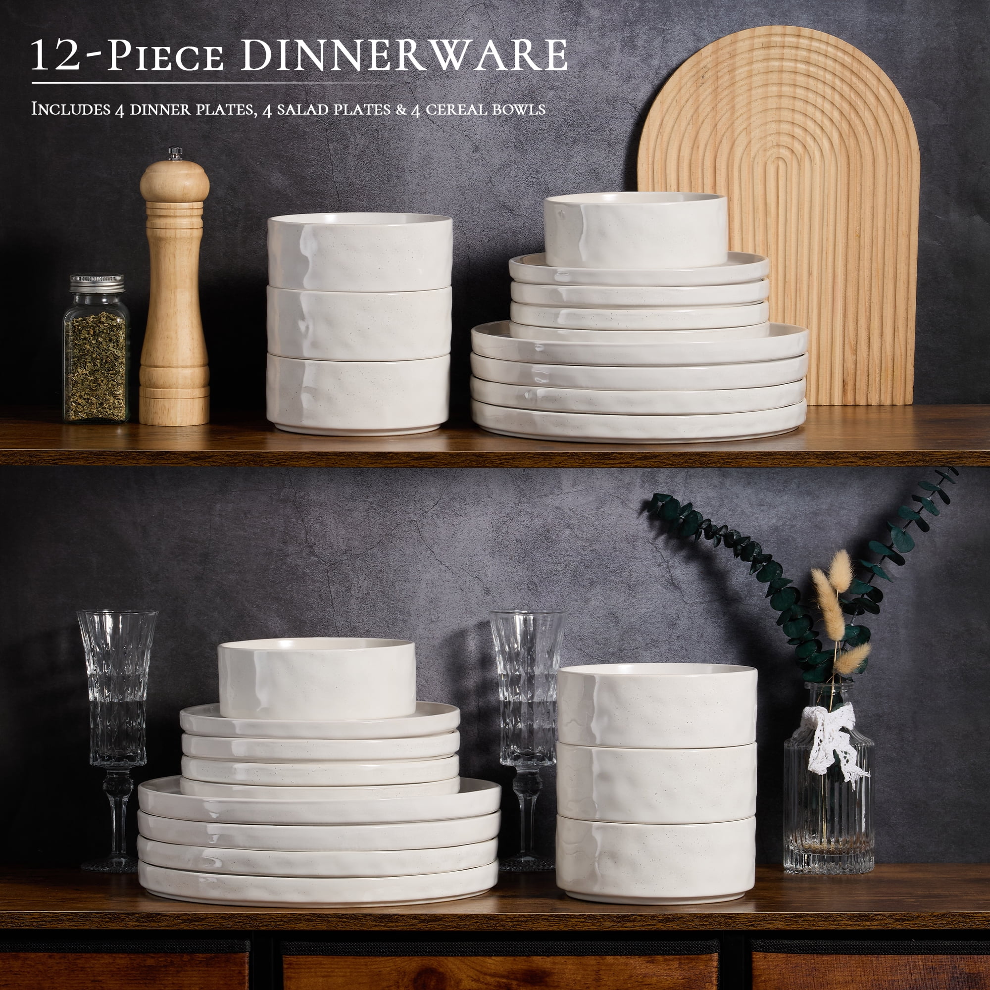 Vesteel Dinnerware Sets, 12-Piece Stoneware Plates and Bowls Set, Dishes Set for 4, Elegant Ceramic Dinnerware for Home Restaurant - Speckled White