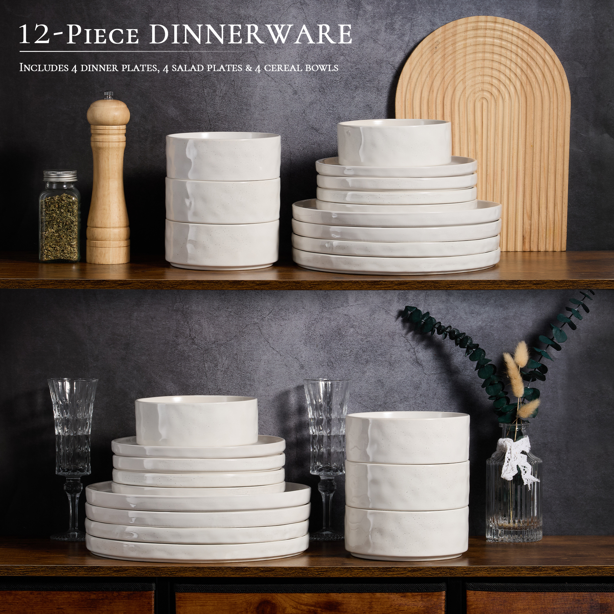 Vesteel 12-Piece Stoneware Dinnerware Set for 4, Speckled White photo 4