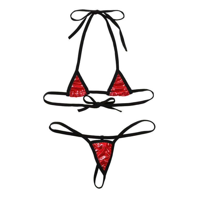 YIZYIF Womens Mini Bikinis Set Shiny Metallic Bra Top with G-String Thong  Exotic Lingerie Micro Swimsuit Red One Size