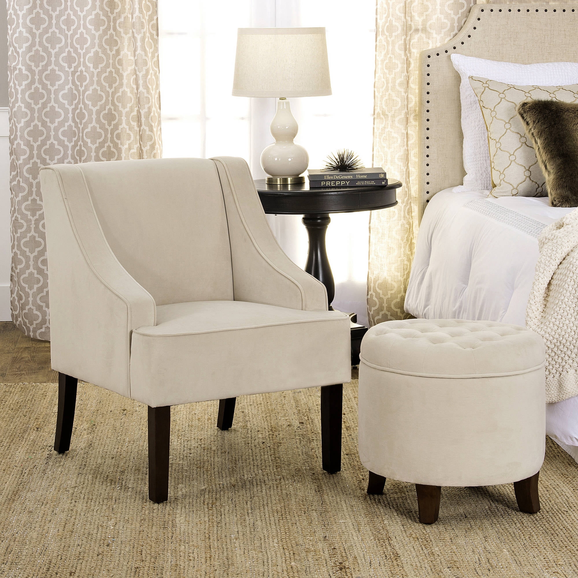 Ember Interiors Velvet Round Storage Ottoman, Beige