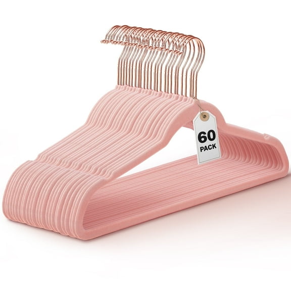 cozymood Pink Velvet Hangers 60 Pack, Premium Non-Slip Felt Clothes, Sturdy Heavy Duty Coat, Durable Hangers for Suits, Space Saving with No Hanger Mark, 360 Swivel Rotating Rose Gold Hook