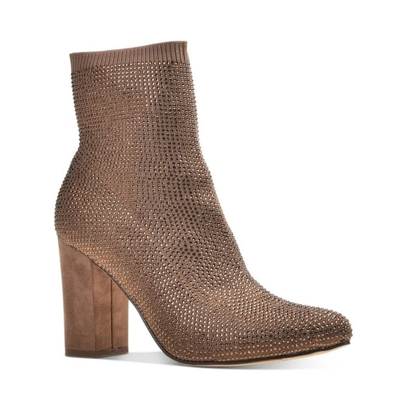 WILD PAIR Womens Brown Rhinestone Stretch Baybe Pointed Toe Block Heel Booties 5.5 M