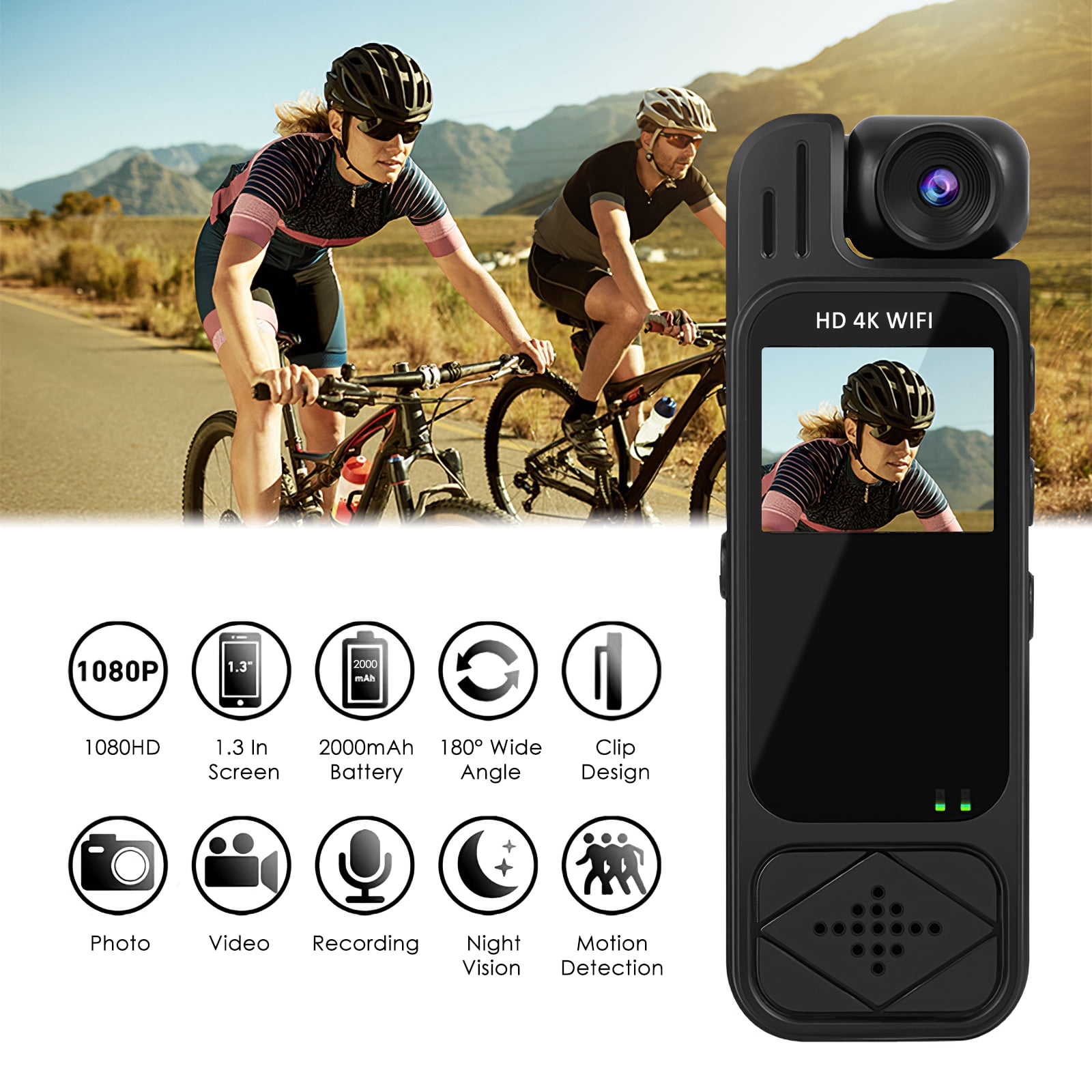 RONY 128GB 4K Body Camera with Audio and Video Recording Night Vision 180° Rotating Lens Wearable Pocket Camera with Back Clip for Outdoor Sport Bike Travel Patrol, WiFi Support