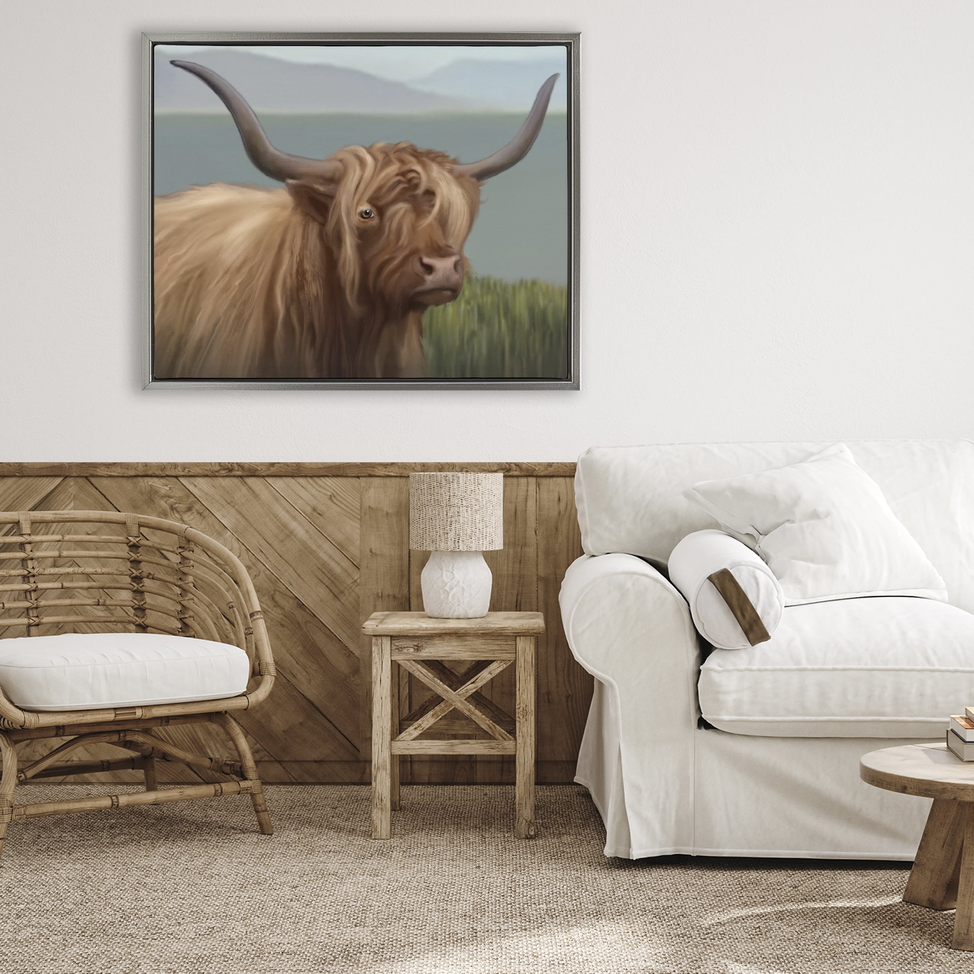 Stupell Industries Scottish Highland Cattle Landscape Gray Framed Floater Canvas Wall Art, design by Matthew Piotrowicz