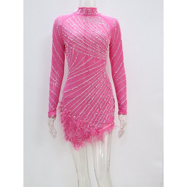 Kricesseen Luxury Rhinestones & Pearls Feather Mini Dress New Spring Women Sheer Mesh Sequins Short Party Dress Birthday OutfitsXXL Gao Jinjia LED