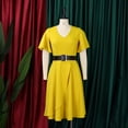 thumbnail image 2 of AURA Plus Size Trumpet Sleeve A Line Midi Dress High Waist Belted Crewneck Solid Color Summer Casual Elegant Dress, 2 of 9