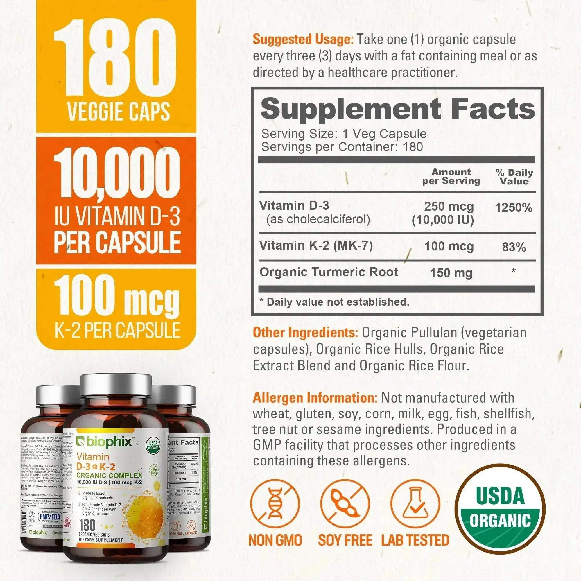 biophix Organic Vitamin D-3 K2 Turmeric 180 Vcaps - High-Potency Supports Strong Bones Immune Health