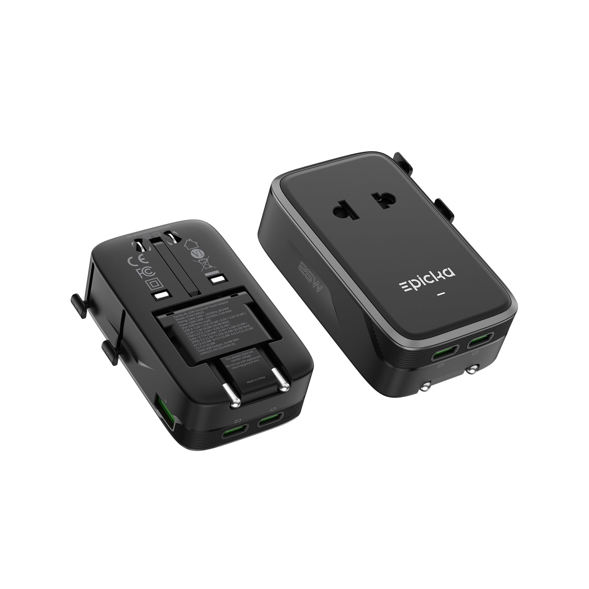 EPICKA Universal Travel Adapter with 25W USB-C PD Fast Charging, Ultra-Thin International Power Adapter, European Travel Plug Adapter (Air 25W, Black)