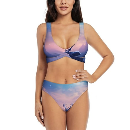 Zeuib Night Sky Elk High Waisted Tummy Control Bikini Set - Knot Front Push Up Top & Cheeky Thong Bottom  Two-Piece Swimsuit for Women-Small