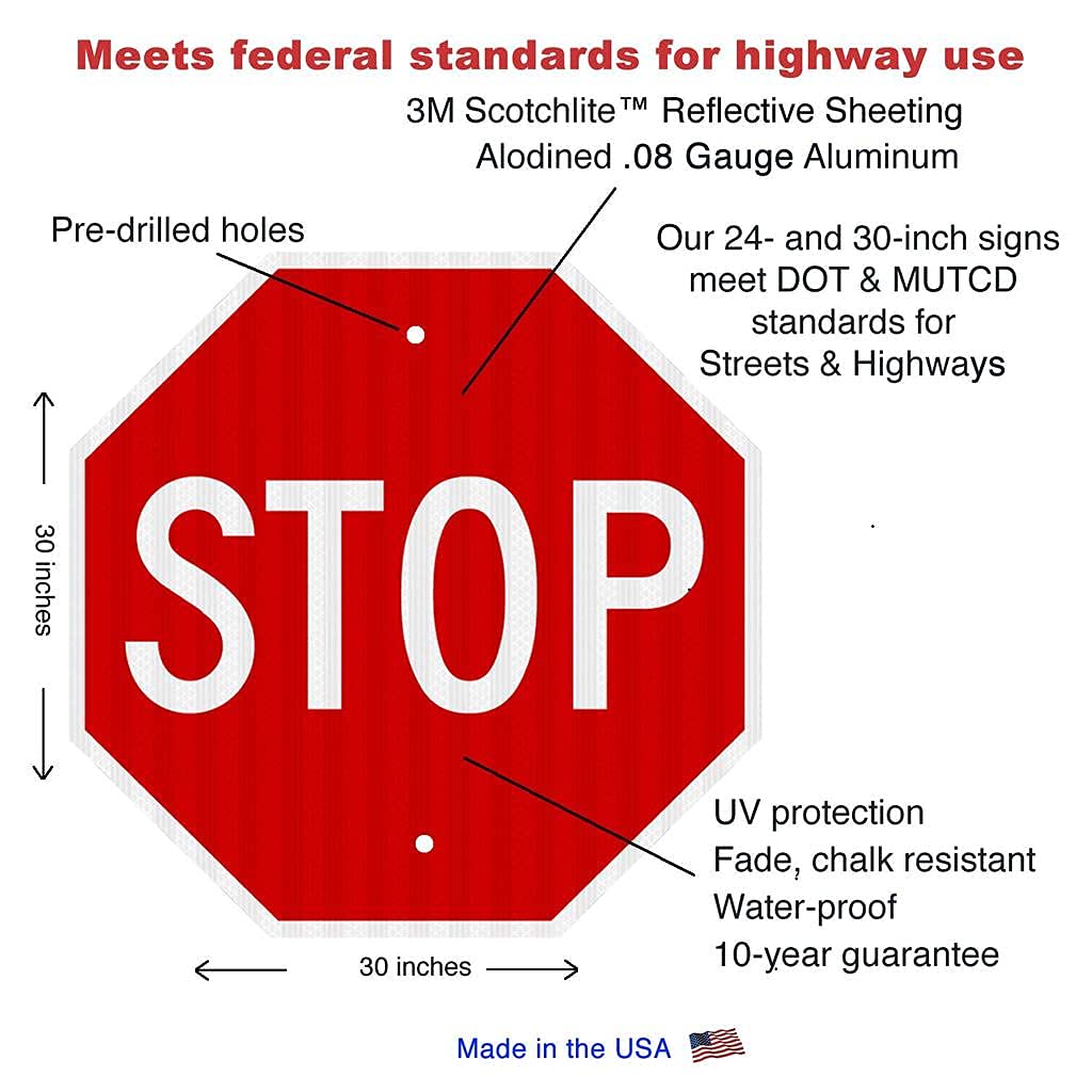 Stop Sign Street Road Sign 30 x 30. A Real Sign. 10 Year Warranty. 3M  High-Intensity Prismatic Reflective Sheeting.