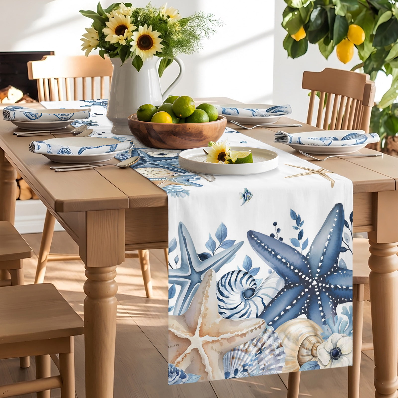 Coastal Table Runner, Ocean Blue Beige Starfish Shells Eucalyptus Leaves Cotton Linen Table Cloth, Tablerunner for Kitchen Dining Party Wedding Home Decor 13x90 Inch