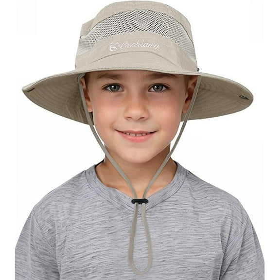Kids Outdoor Mesh Cowboy Hat UPF 50  Summer Sun Hat Wide Brim Bucket Hat Beach Hiking Safari Hat Beige