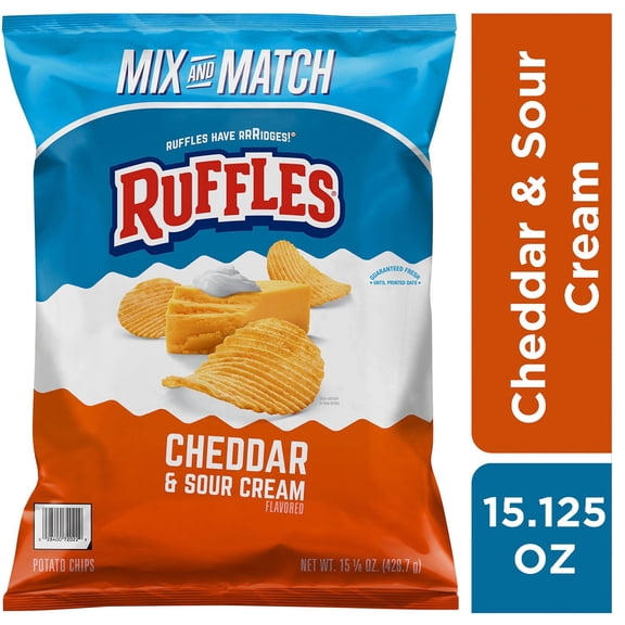 Ruffles Cheddar & Sour Cream Potato Chips – 15.125 oz., Pack of 3, Ridged Crispy Snack