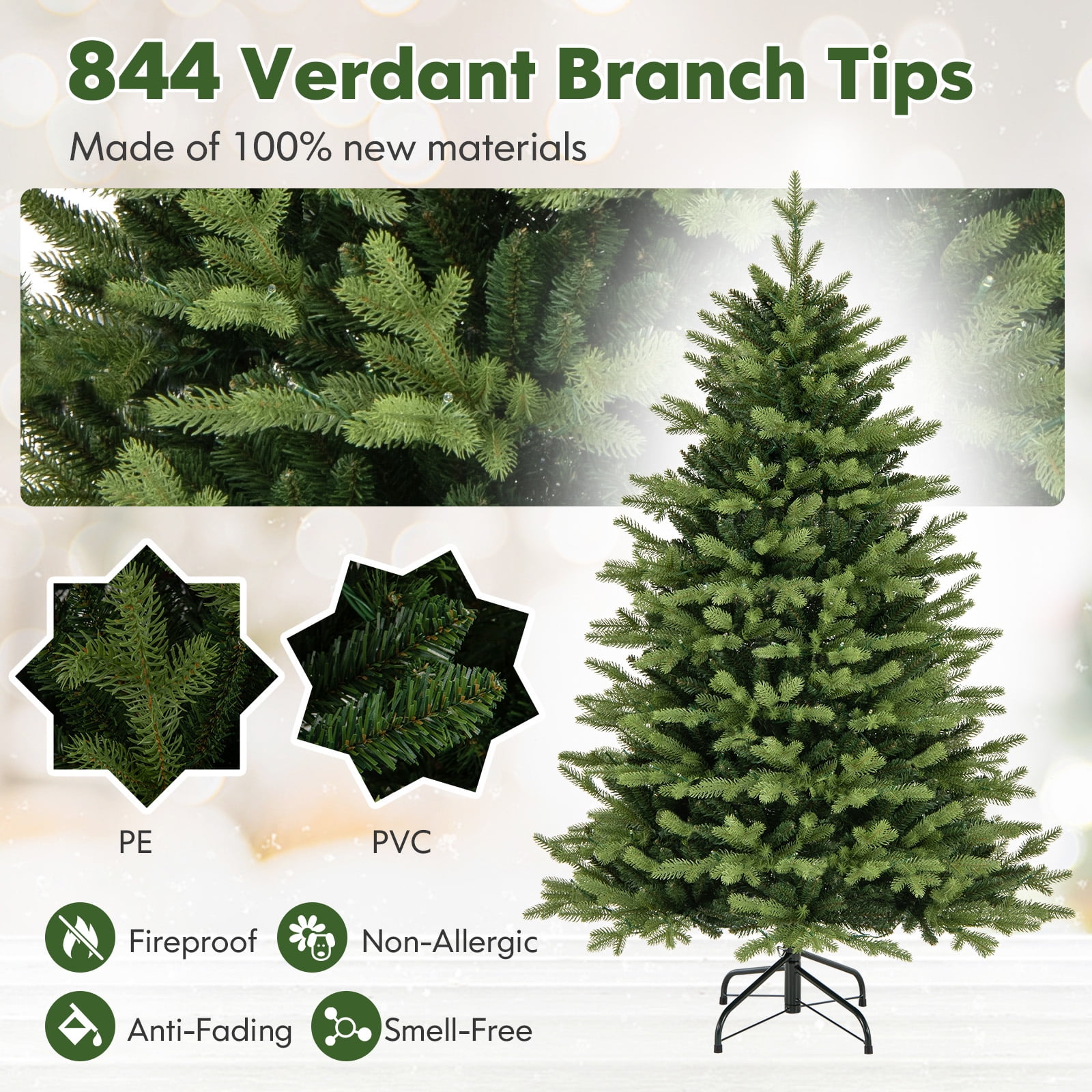 Sapin De Noël Artificiel 150cm Avec Guirlande Intégrée - Base En Bois, Aiguilles PVC+PE - Décorations Incluses