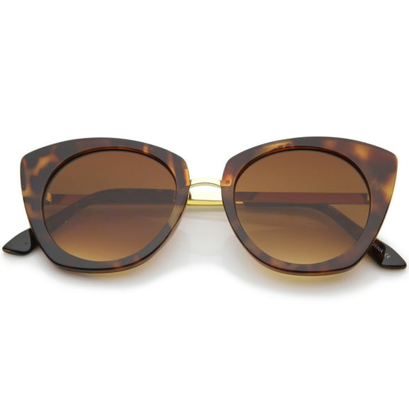 sunglassLA Unisex Women's Bold Frame Metal Temple Flat Lens Round Cat Eye Sunglasses (Tortoise-Gold / Amber) - 52mm