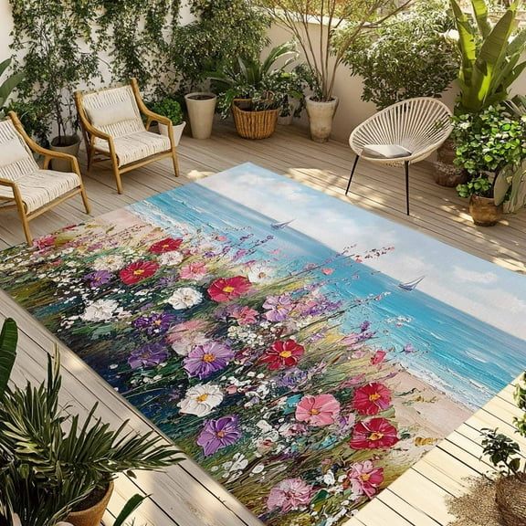 Fsddascl Oil Painting Floral Outdoor Rug for Patio/Deck/Porch, Non-Slip Large Area Rug 4 x 6 Ft, Summer Beach Coastal Art Indoor Outdoor Rugs Washable Area Rugs, Reversible Camping Rug Carpet Runner