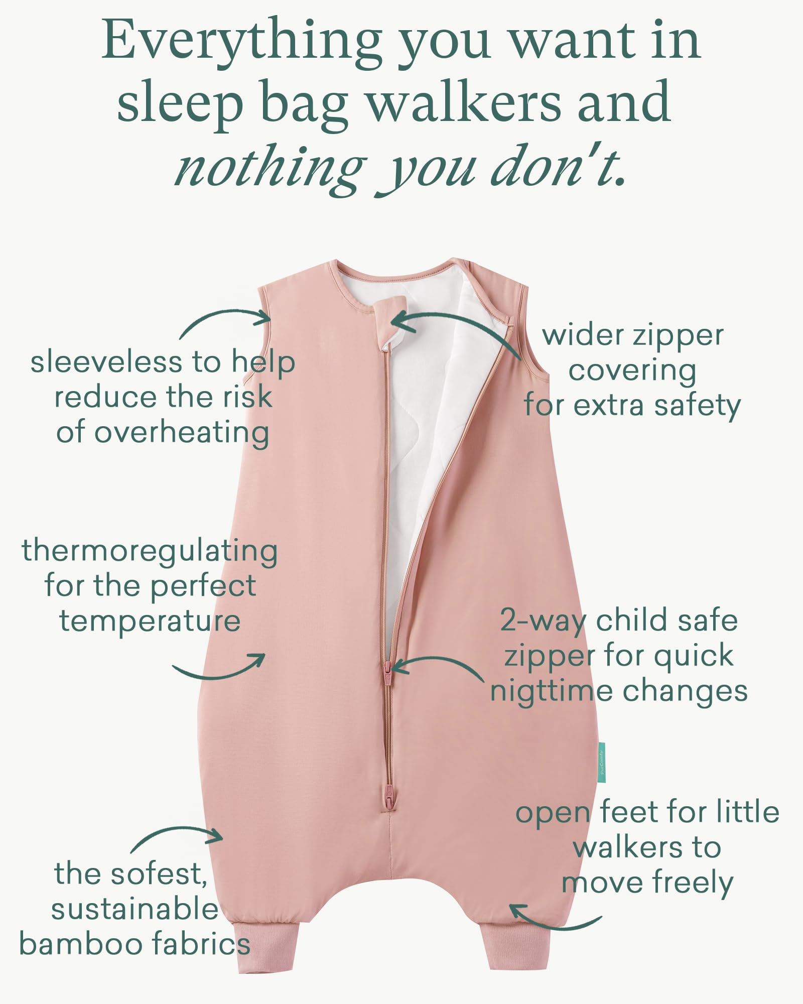 PurComfy Supersoft Toddler Sleep Sack With Feet 1.0 Tog, Premium Bamboo Viscose Sleep Sacks With Legs 2-Way Zipper Sleep Bag Walker 2T-4T, Blush