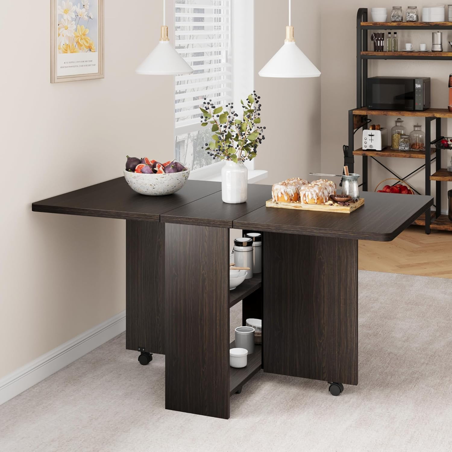 GAOMON Space-Saving Folding Dining Table with Drop Leaf, 6 Wheels & 2-Layer Storage Shelf, Versatile Table for Small Apartments, Dark Walnut