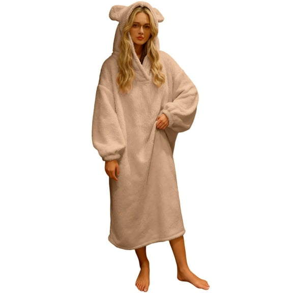Gytharion Coral Velvet Nightgowns for Women Winter Fuzzy Fleece Warm Hooded Sleepshirt Cute Solid Long Sleeve Plush Sleepwear Soft Cozy Teddy Bear Nightshirt