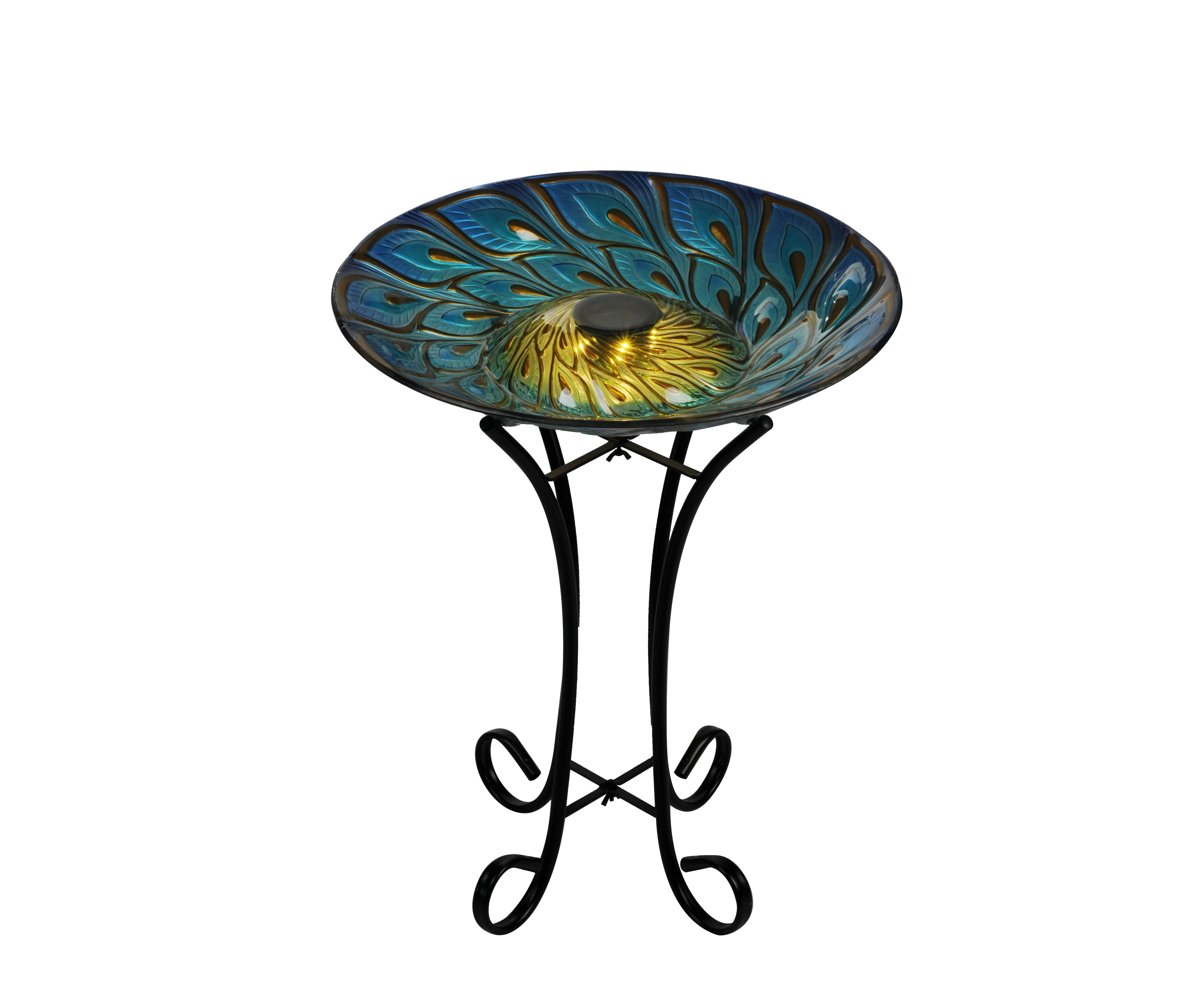 Hi-Line Gift 78415-E Solar Glass Peacock Feathers Bird Bath with Stand