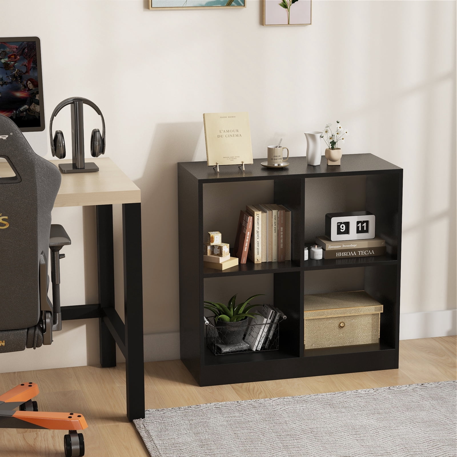 Giantex 4-Cube Bookcase, Freestanding Open Bookshelf, Storage Wooden Display Shelf, Black